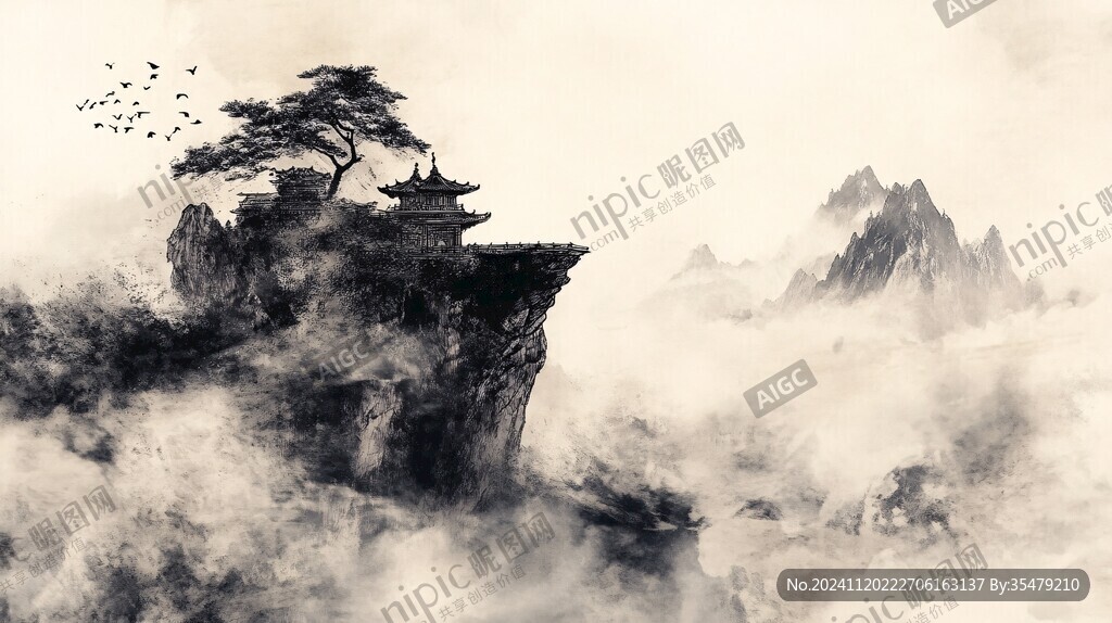 晕染墨迹禅境山峰