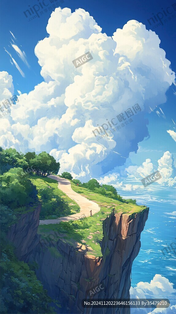 蓝天白云大海岩石插画