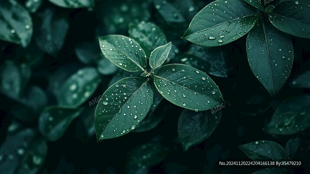 秋雨下的万年青树叶
