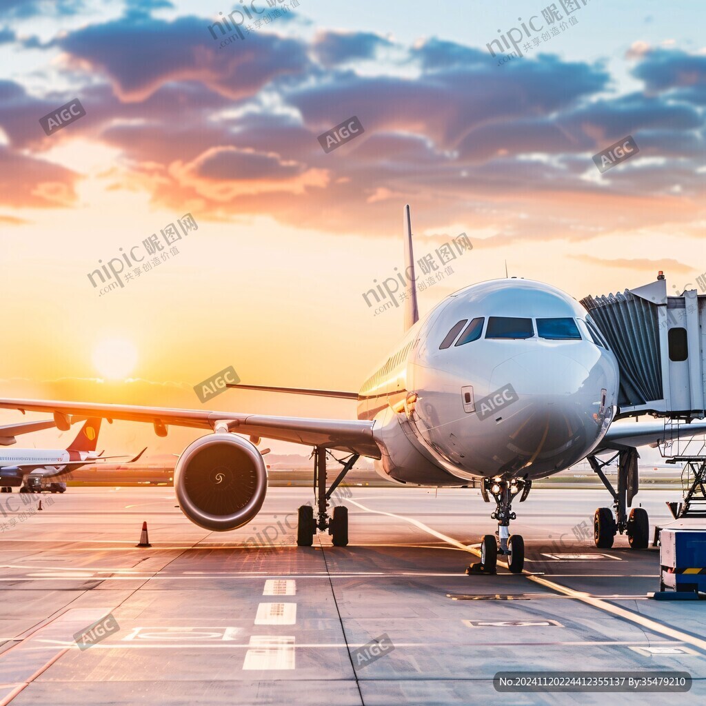 夕阳下机场航班