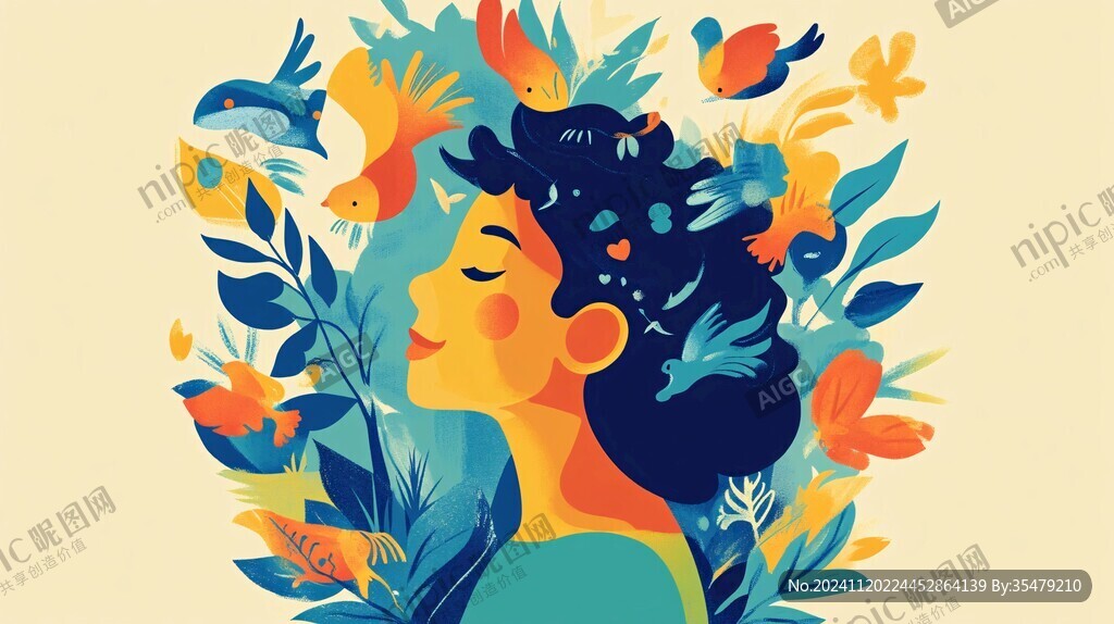 手绘抽象女人花草插画