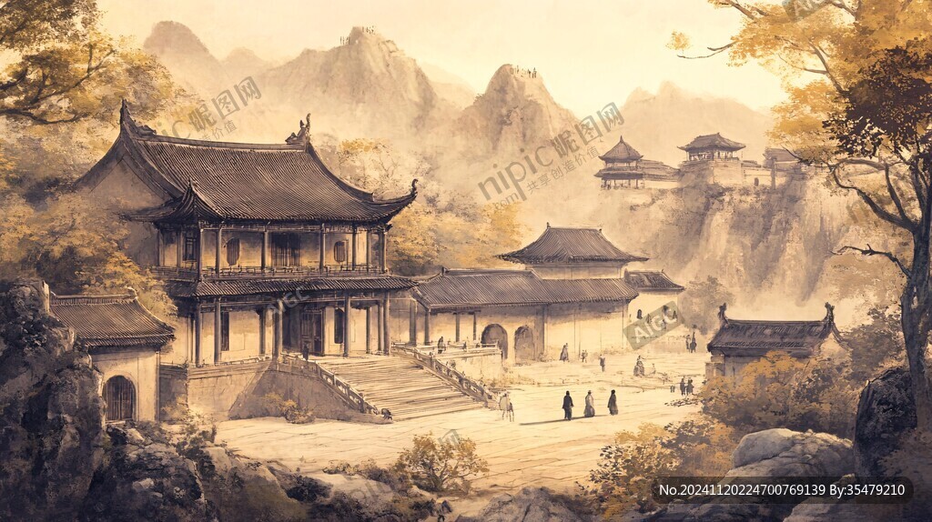 插画横店水彩水墨山水