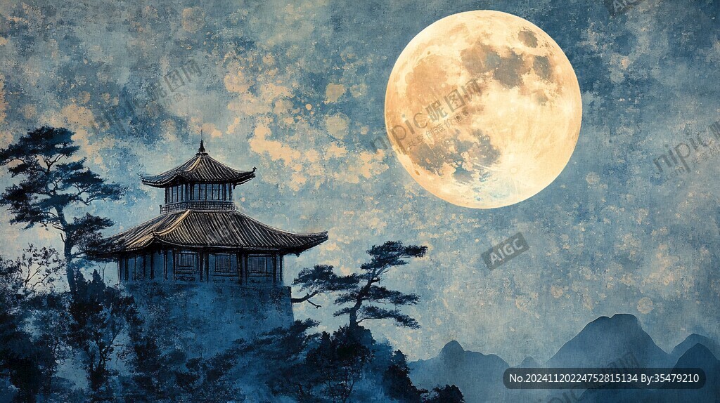 中秋凉亭赏月图