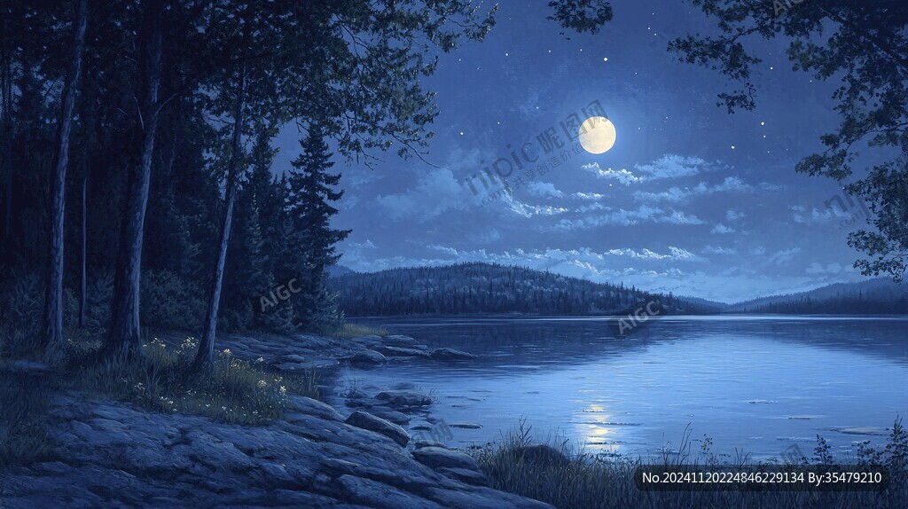 插画夜景湖泊