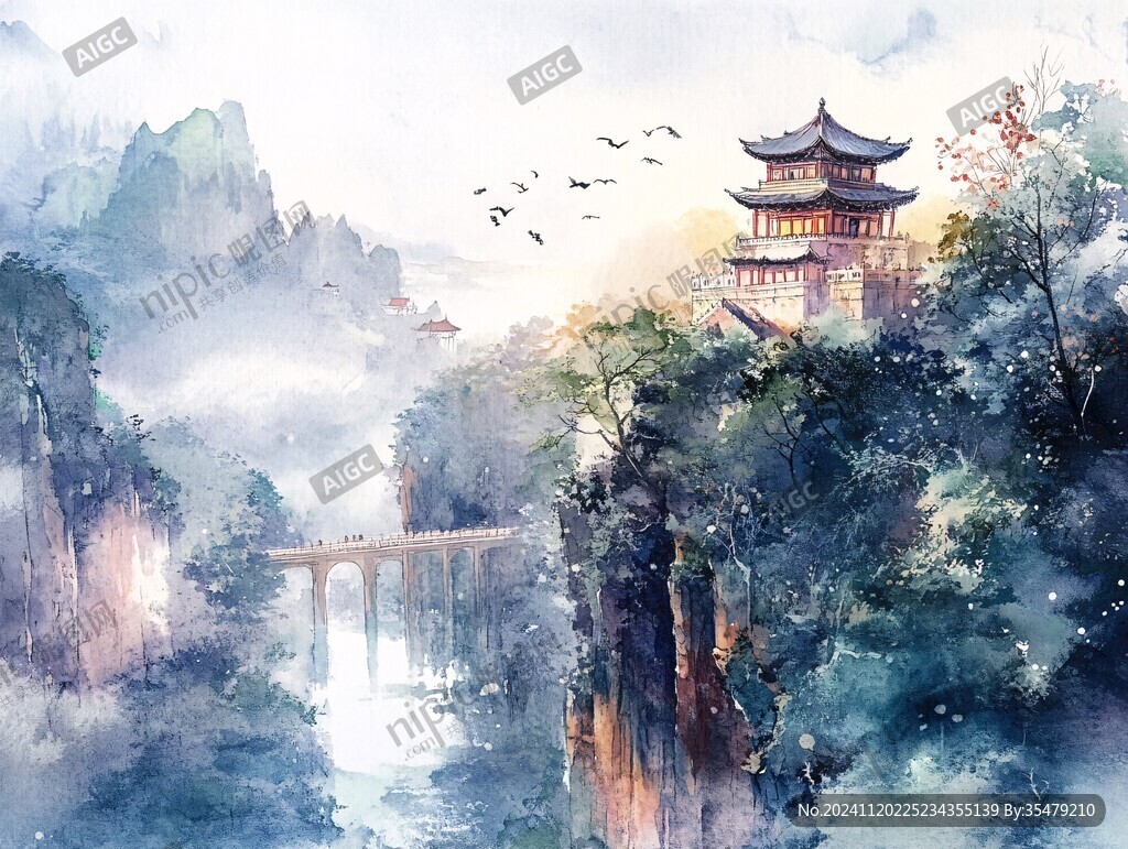 插画横店水彩水墨山水