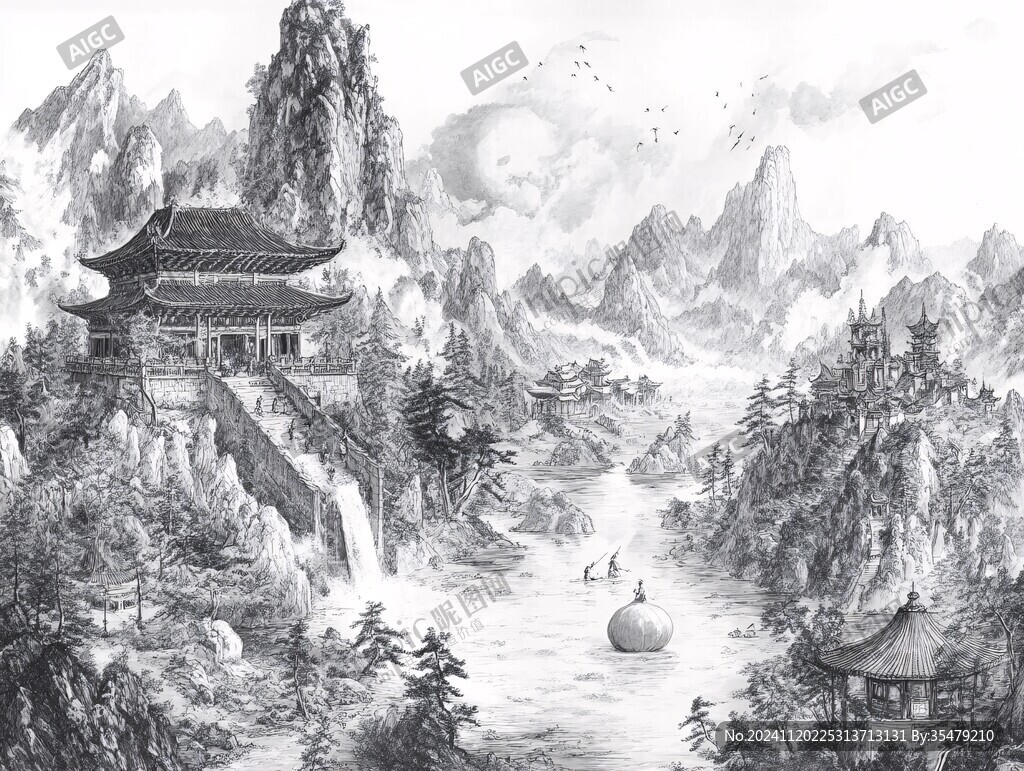 楼阁描线山水背景墙