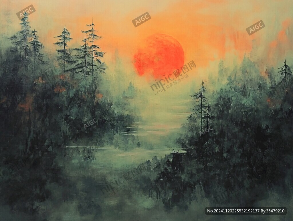 红日水墨山水