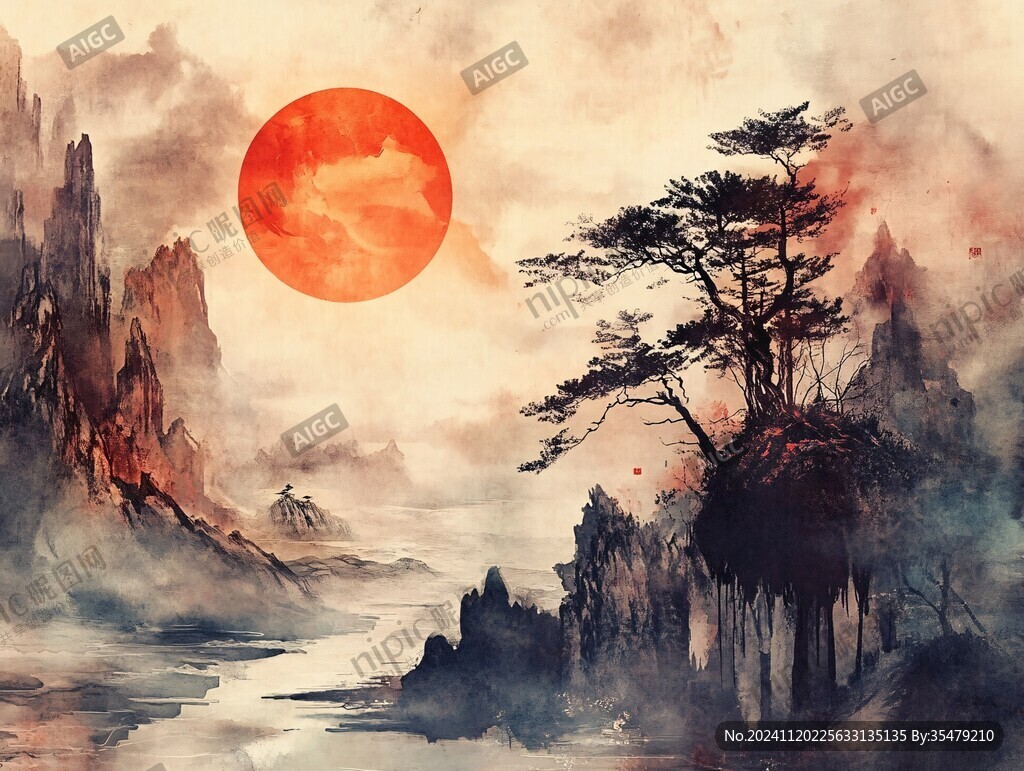 红日水墨山水