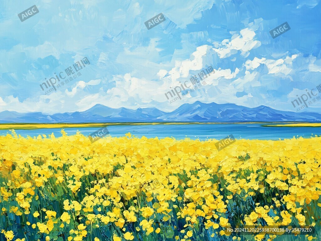 蓝天白云油菜花油画