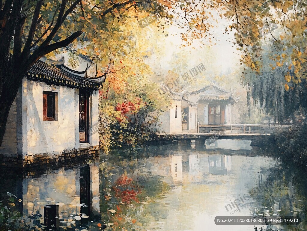 中式建筑风景油画