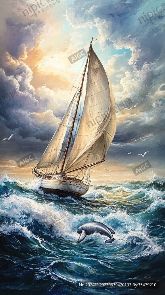 扬帆踏浪油画
