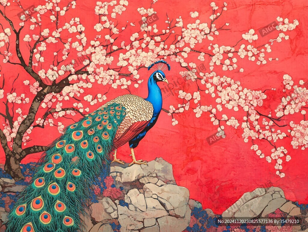梅花锦鸡工笔花鸟镜心