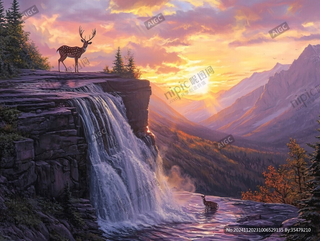 麋鹿风景油画