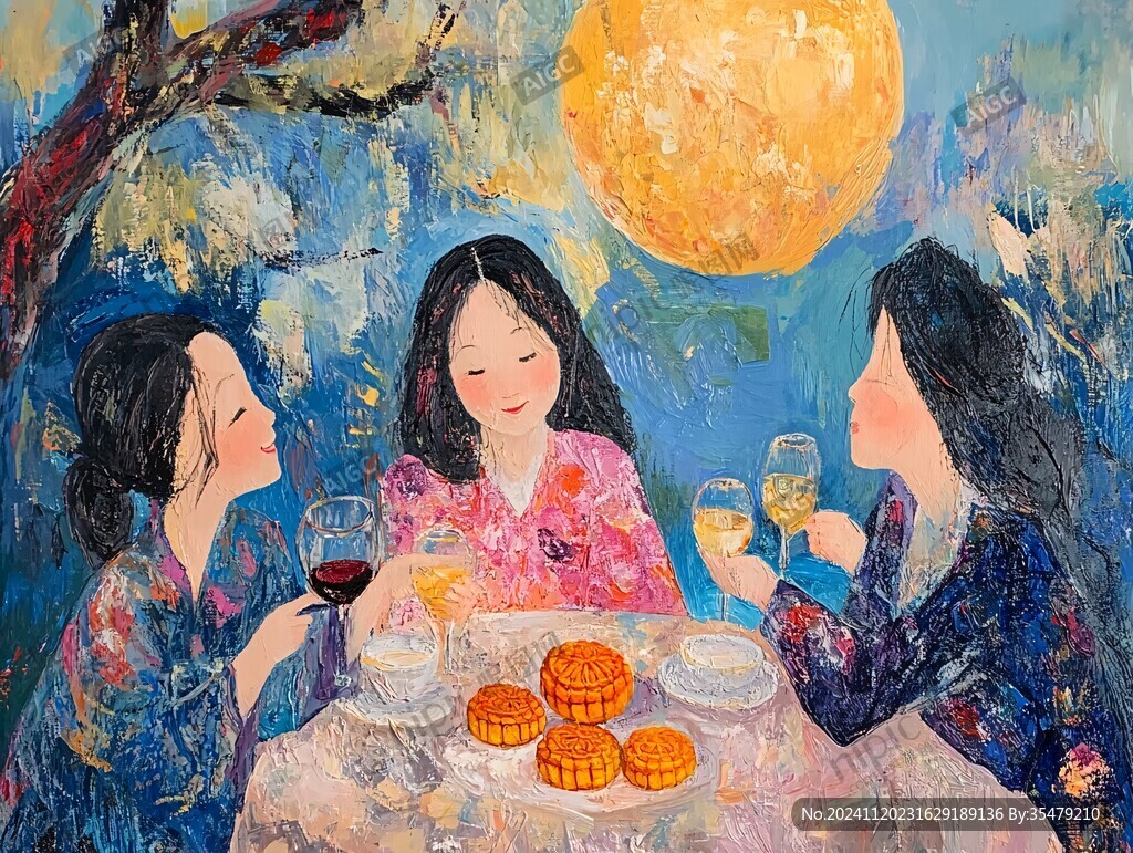 中秋团圆人物插画