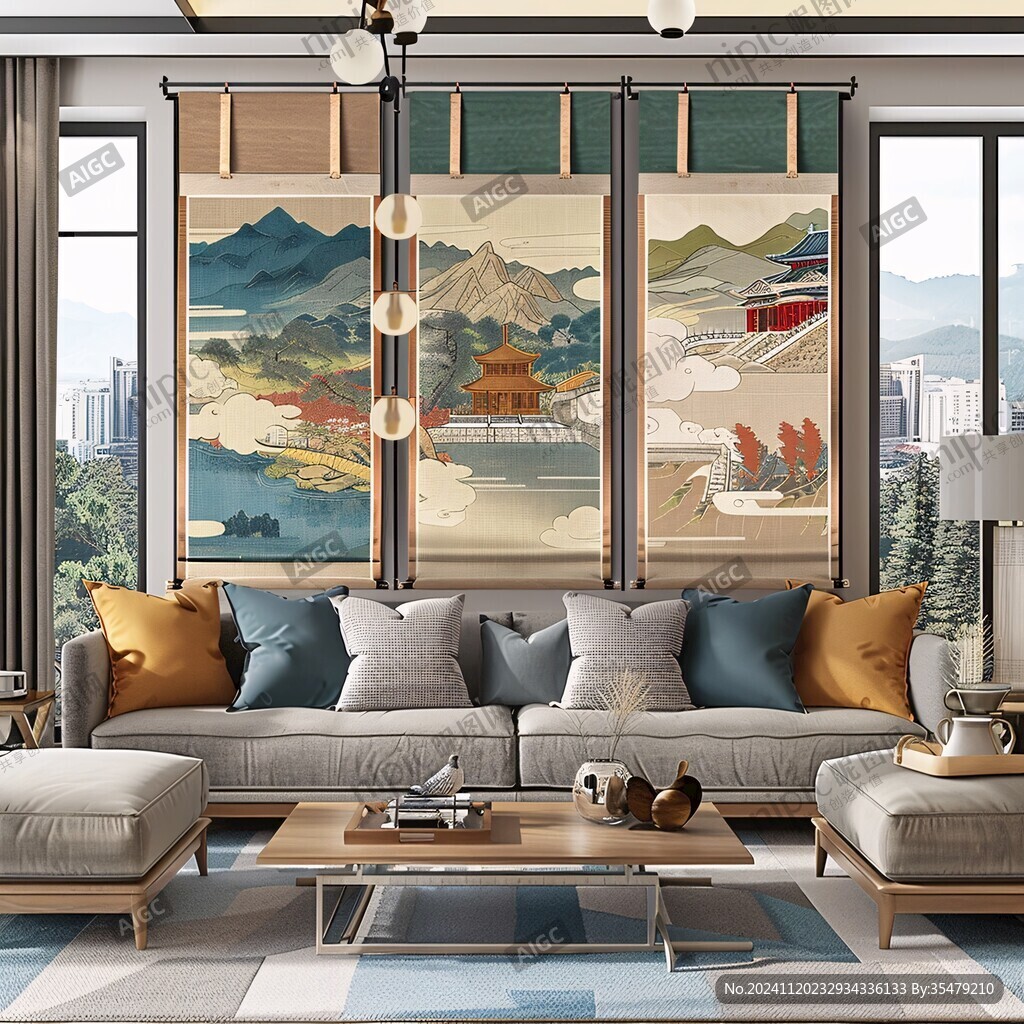 国潮沙发背景墙壁画
