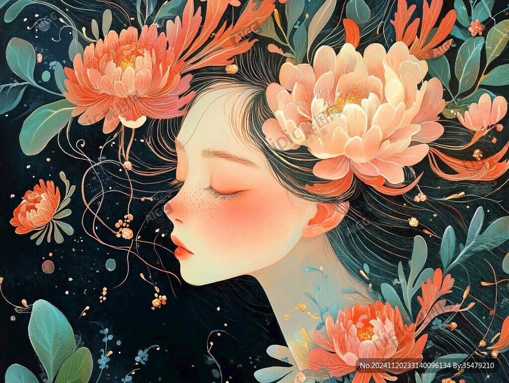 花卉少女插画