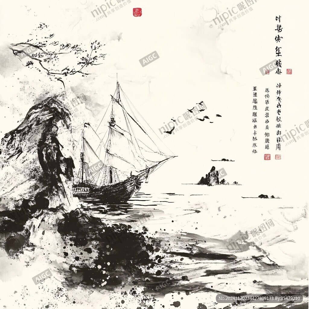 水墨船墨痕飞鸟