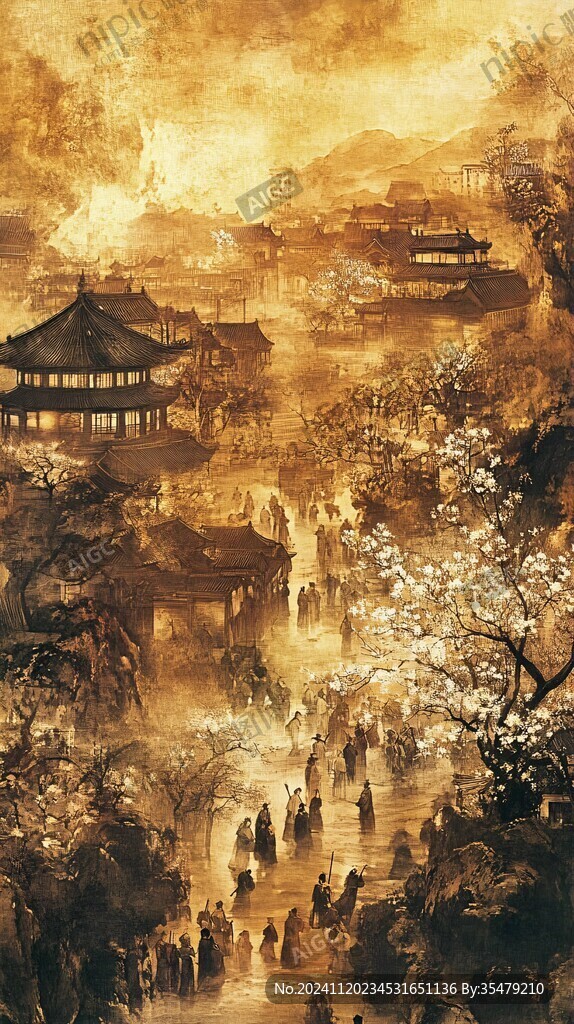 插画横店水彩水墨山水