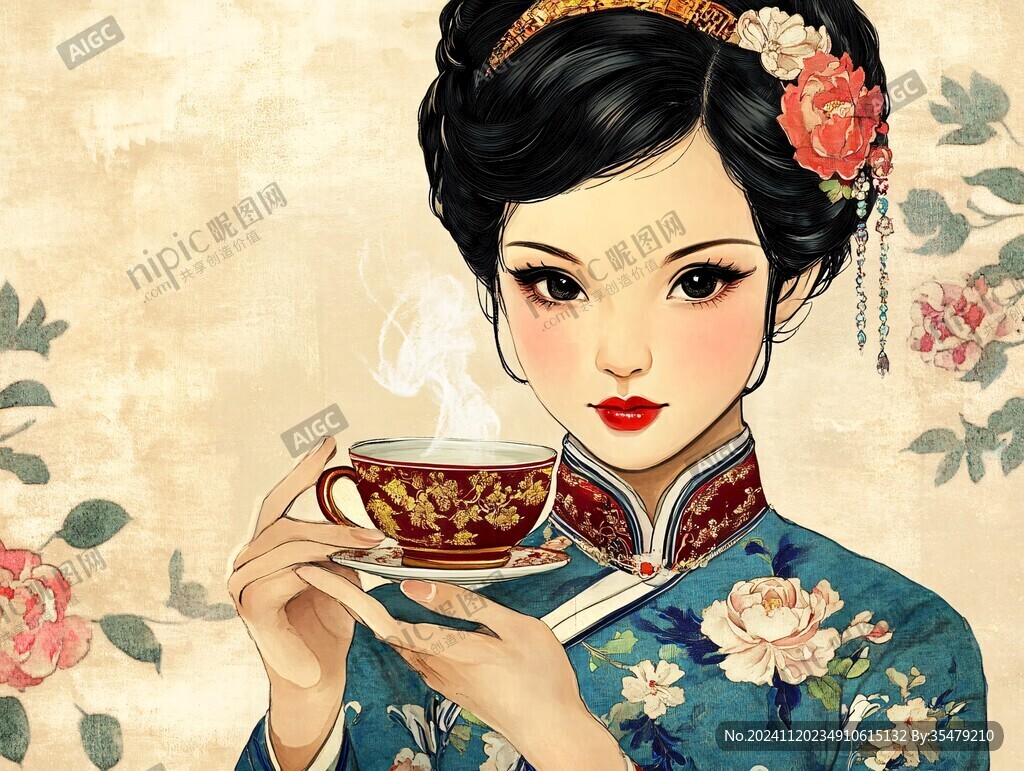 喝茶的旗袍美女插画