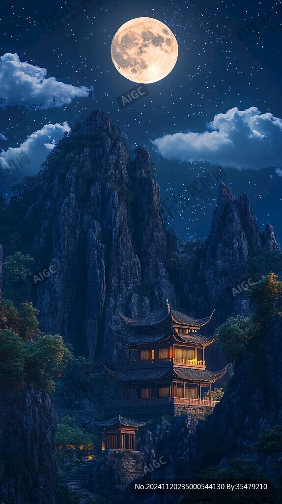 虎溪夜月景点插画