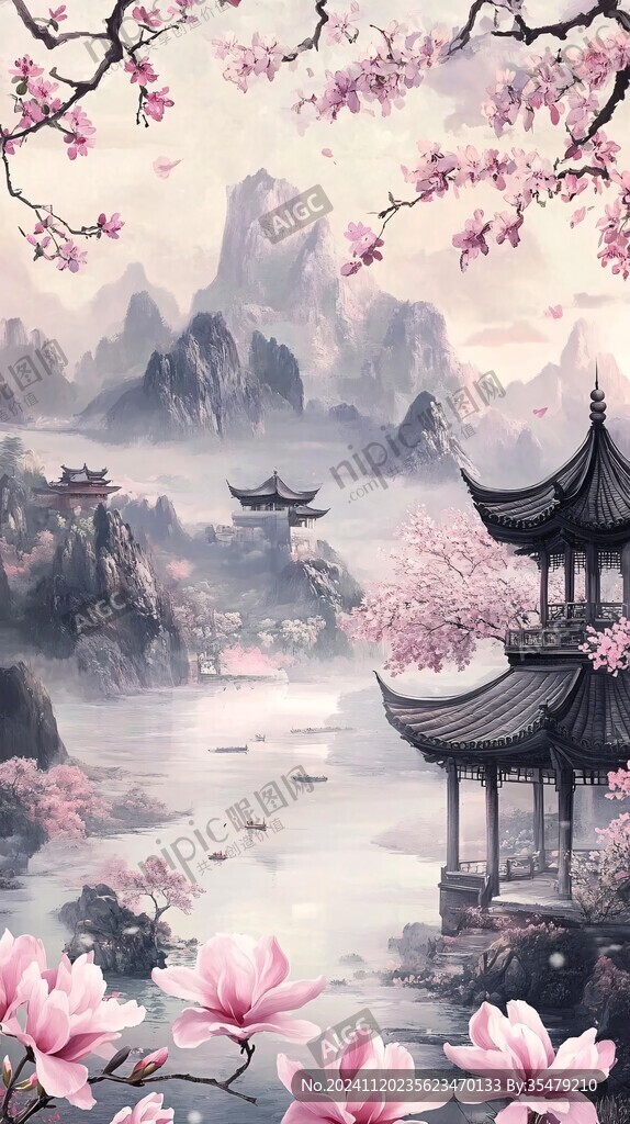 桃花源记古风山水插画