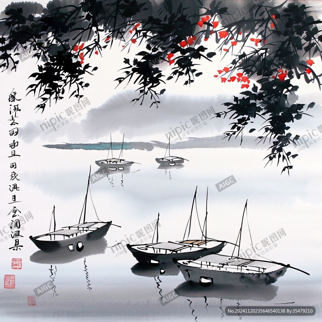 水墨风景画渔船