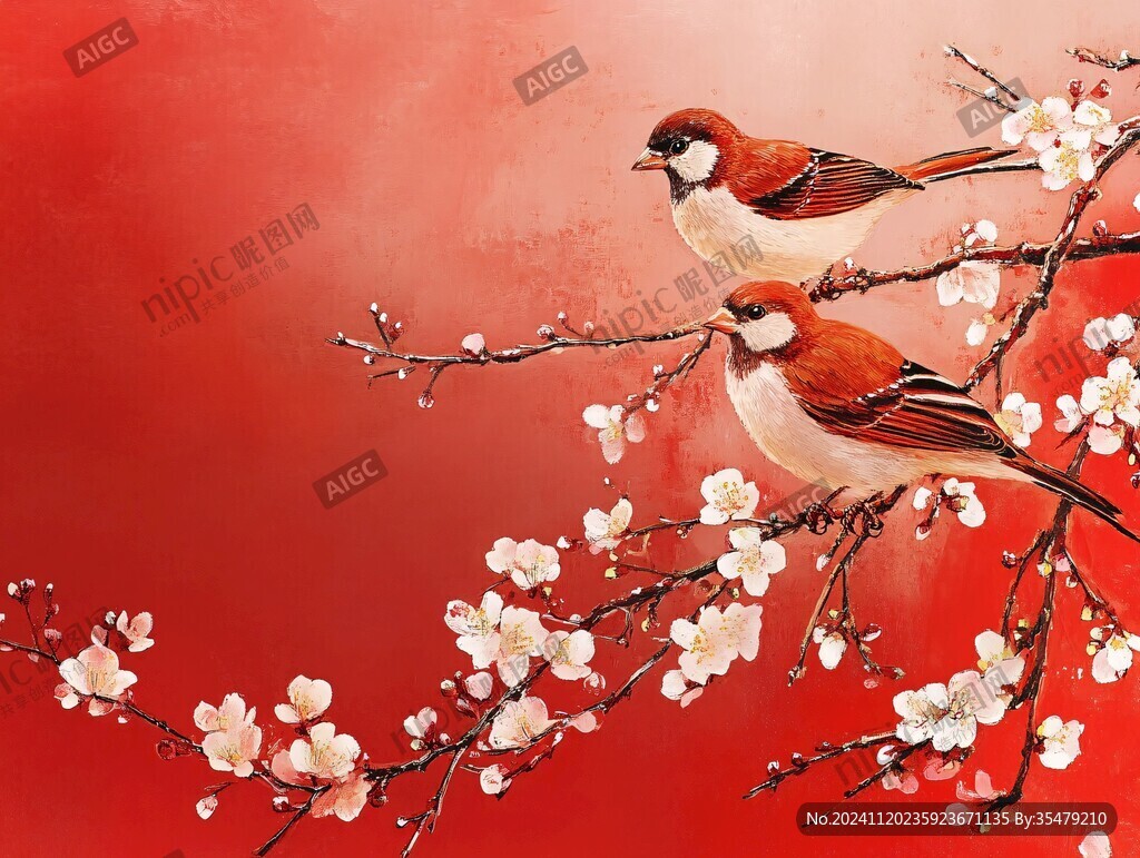 新中式手绘红色花鸟