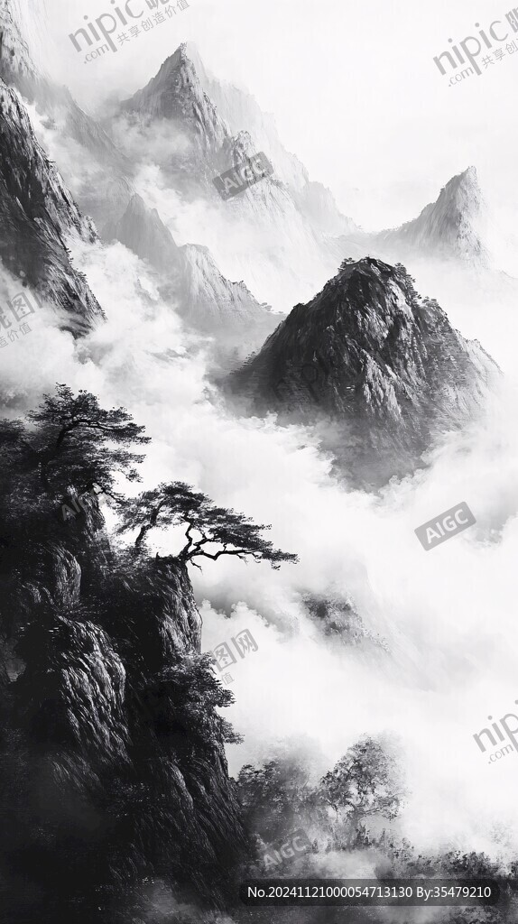 墨韵禅意山峰云雾风景