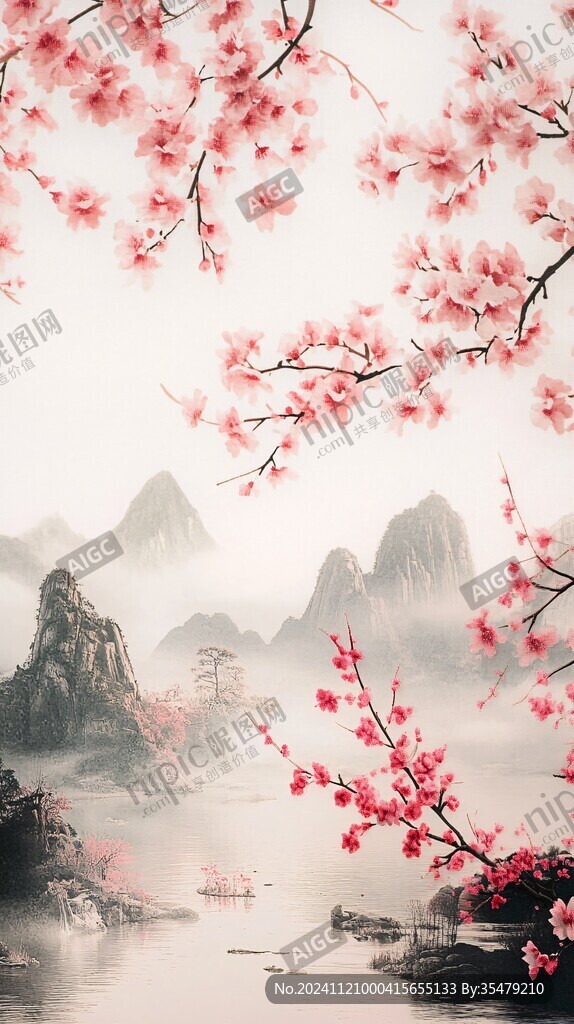 水墨桃花禅意山水