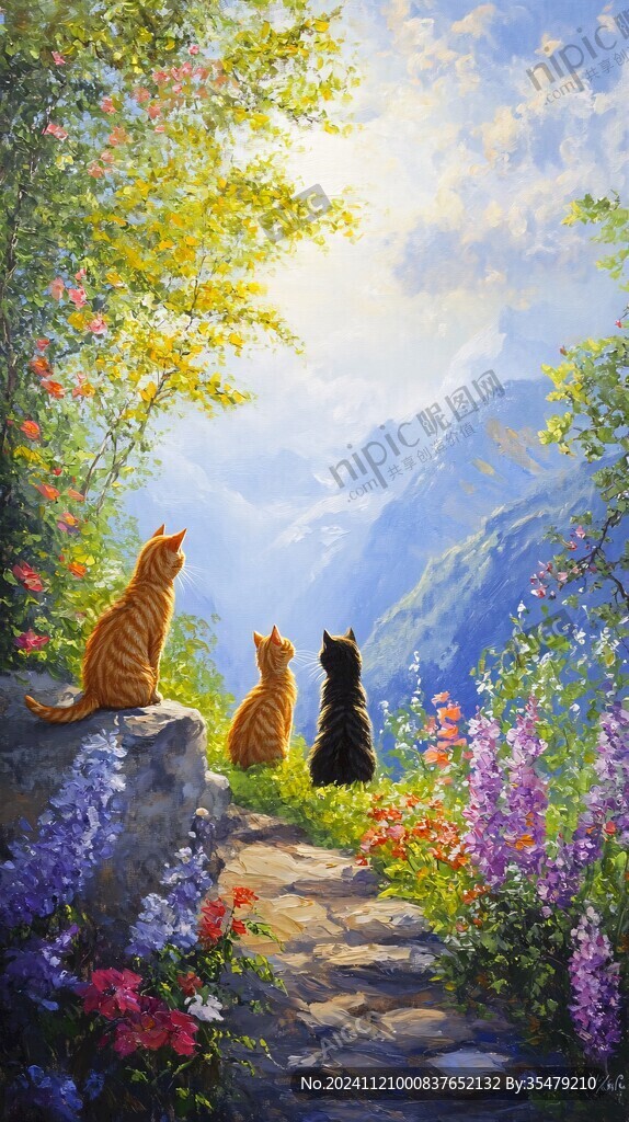 花丛边的猫咪插画