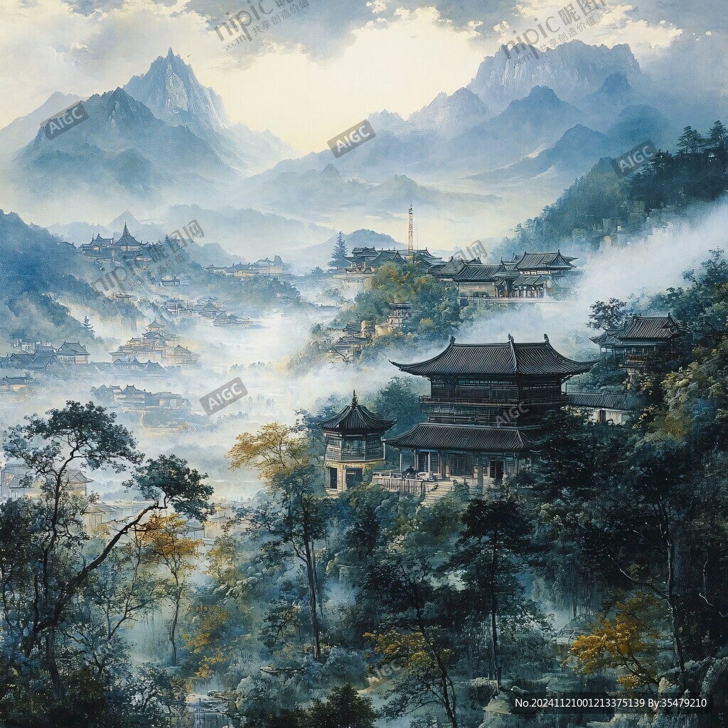 古风亭台楼阁油画