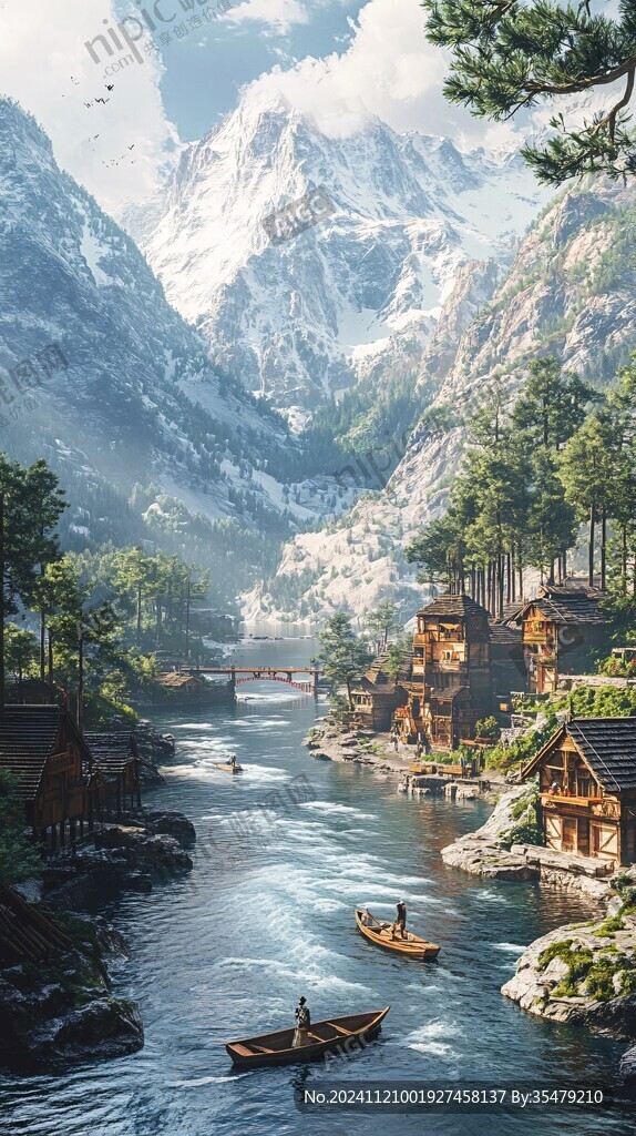 雪山渔舟河流山峰环保