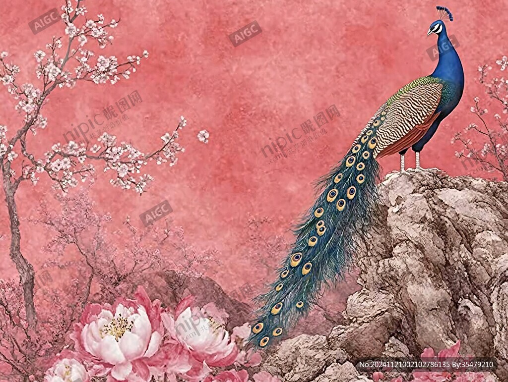 新中式手绘红色花鸟