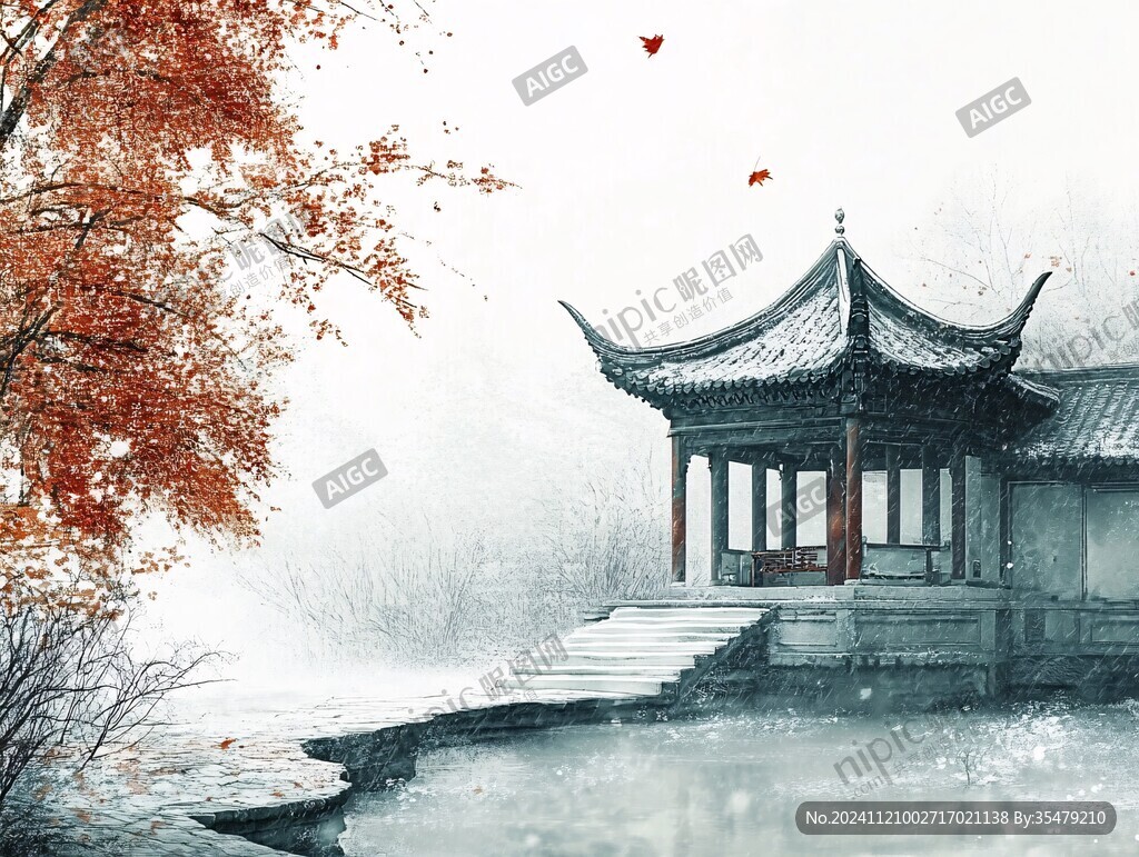 亭台楼阁意境插画