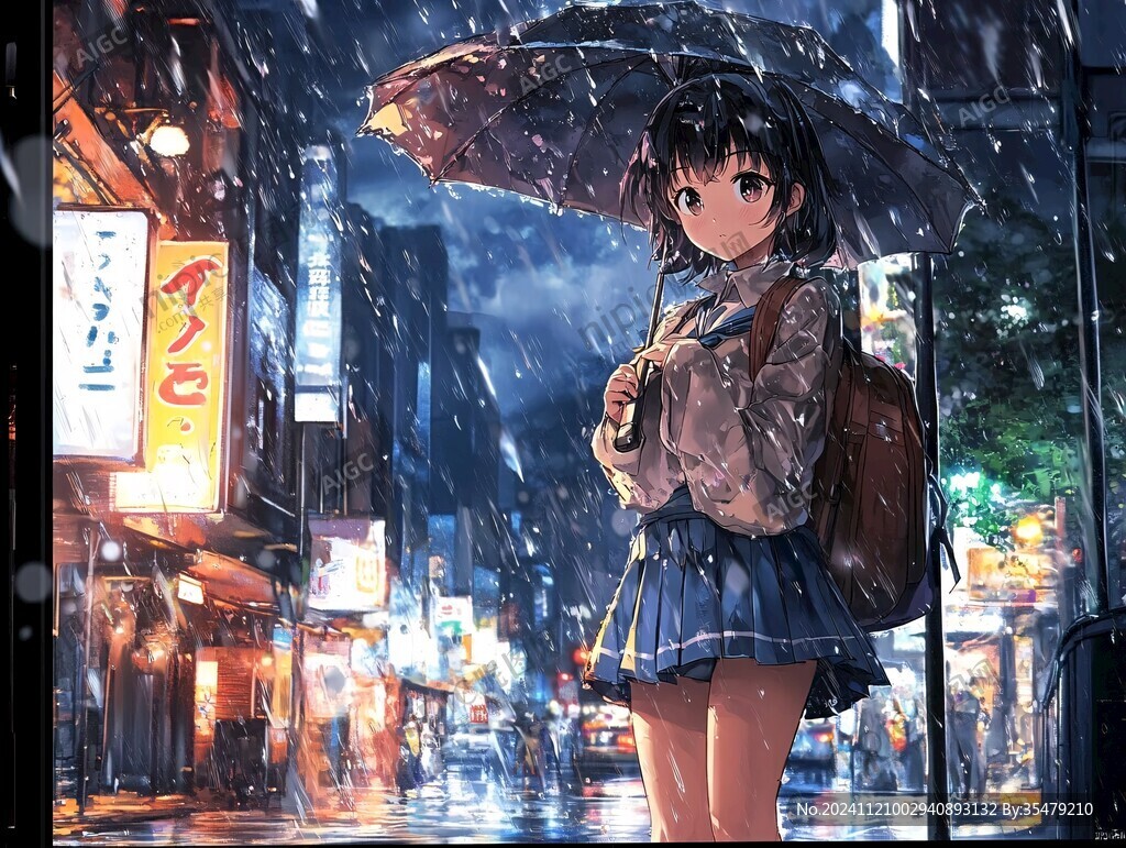 雨中撑伞的少女