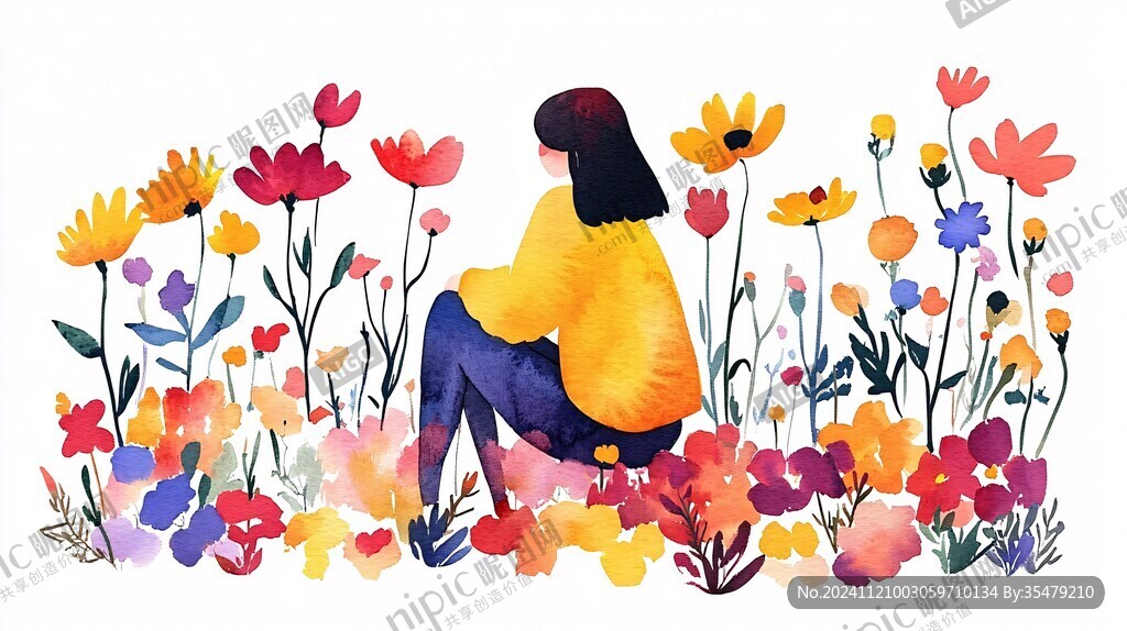 花丛女孩插画
