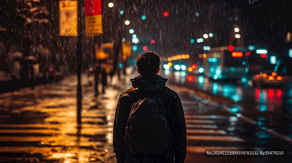 夜晚雨中行走的人