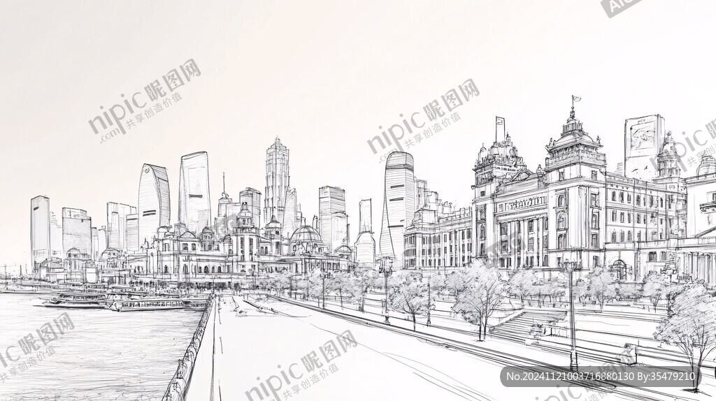 外滩建筑全景线描