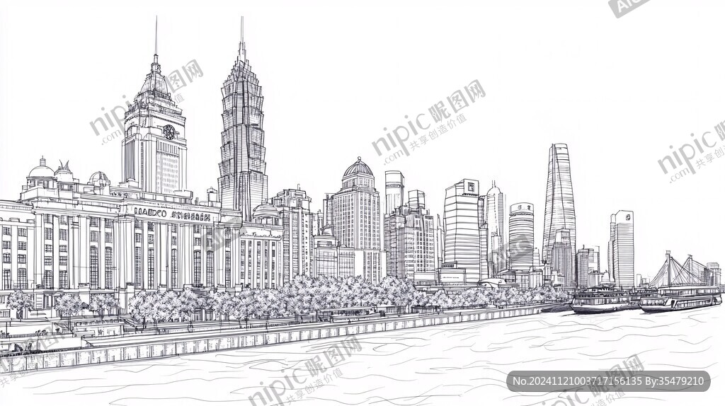 外滩建筑全景线描