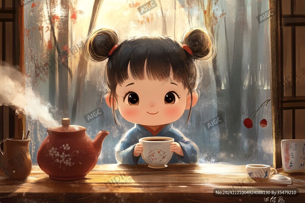 喝奶茶的小姑娘