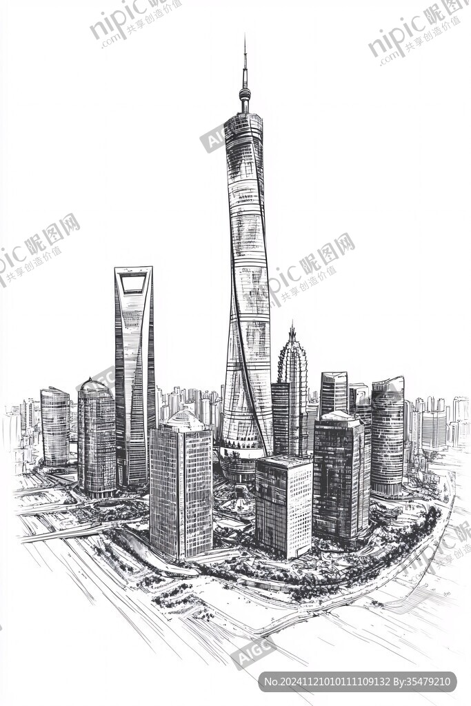 北上广深地标建筑线稿