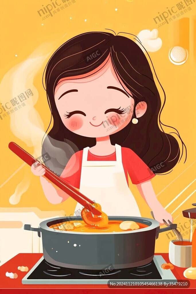 面条插画妈妈做饭