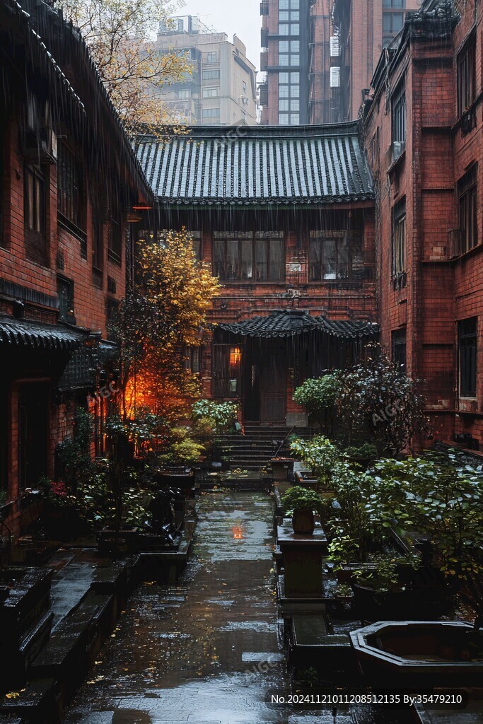 雨天庭院