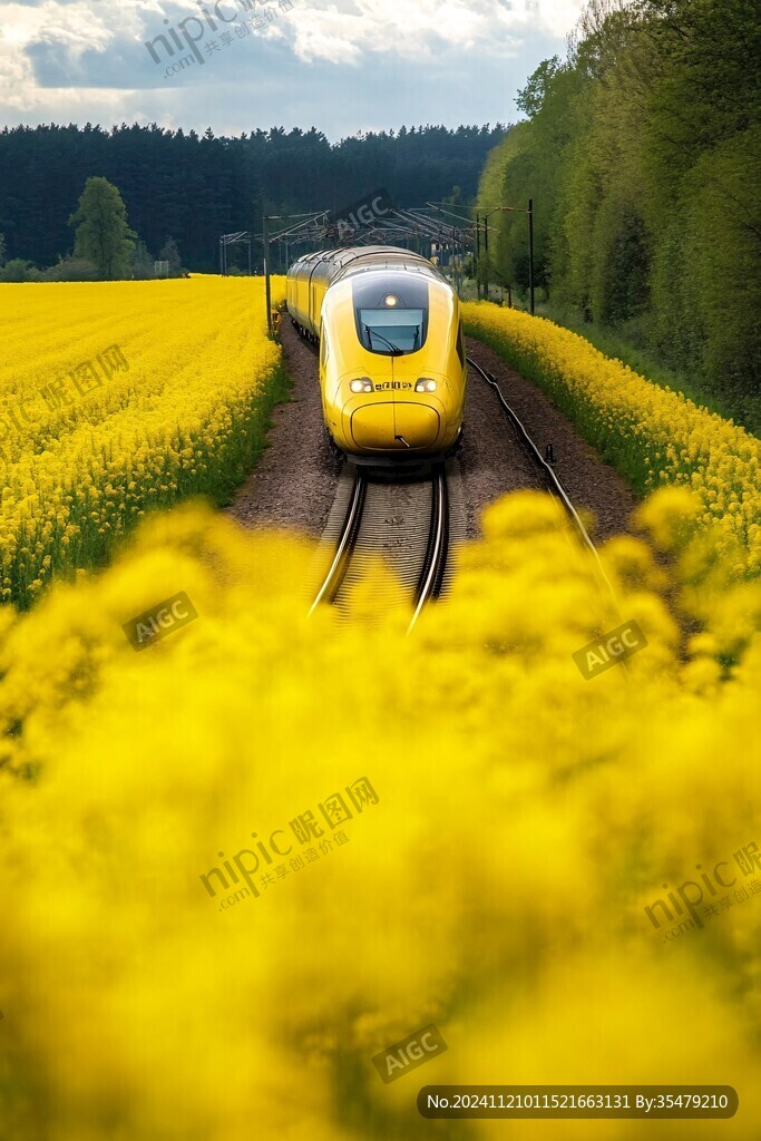穿过油菜地的火车