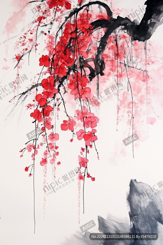 工笔手绘红墙梅花
