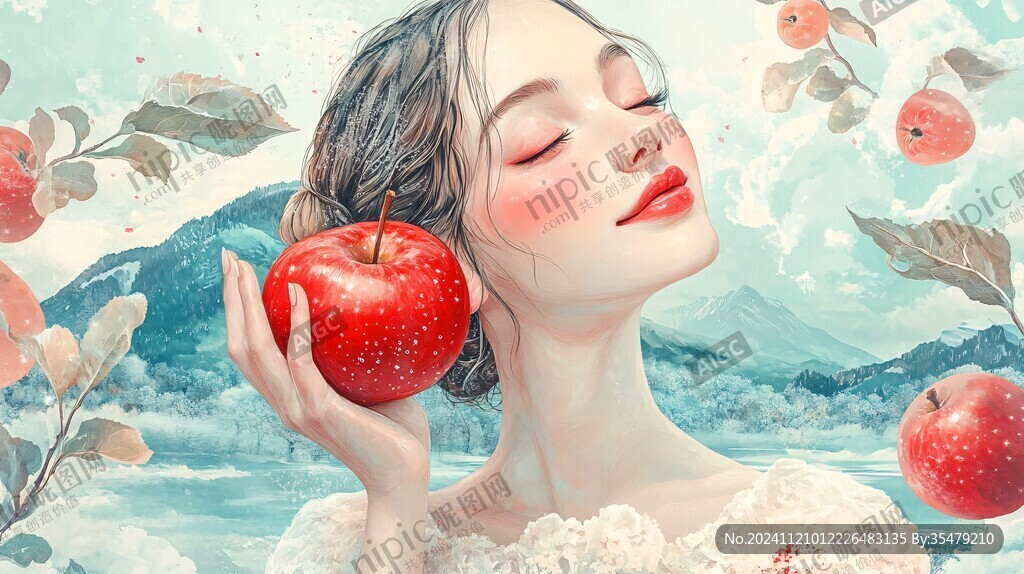 苹果水果插画女孩