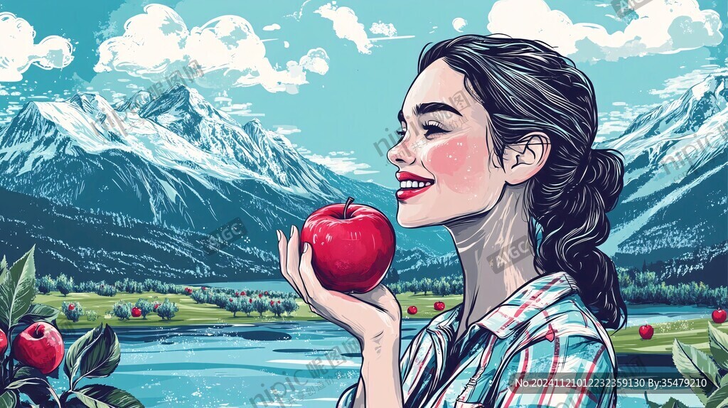 苹果水果插画女孩