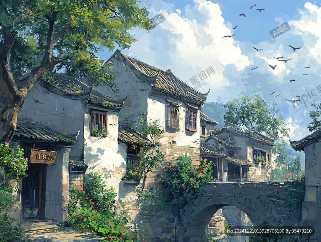 写实古镇插画