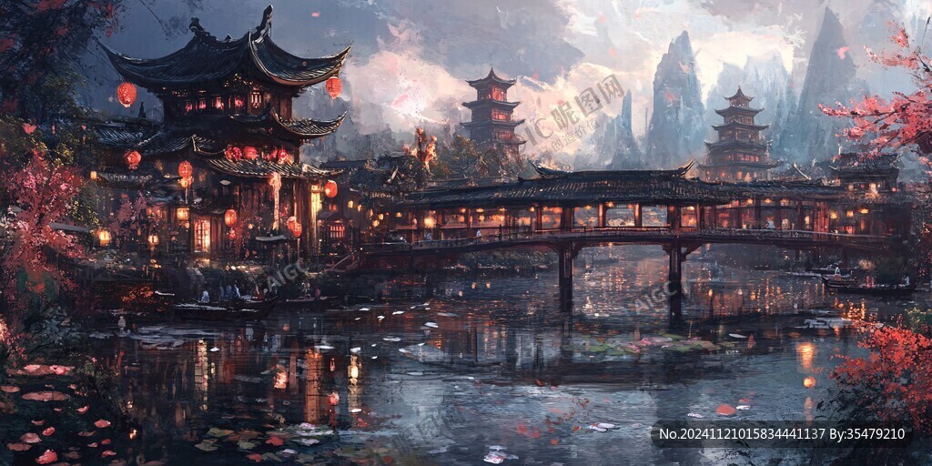 玄幻古镇夜景