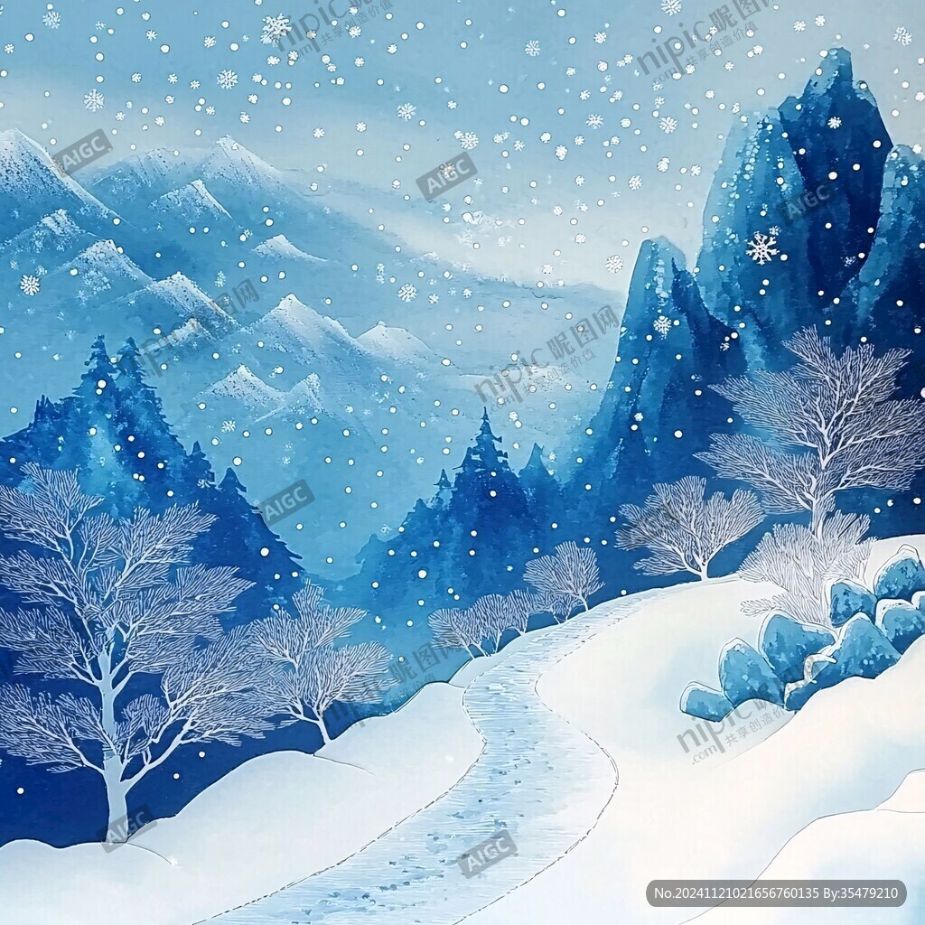 手绘雪夜风景无框画
